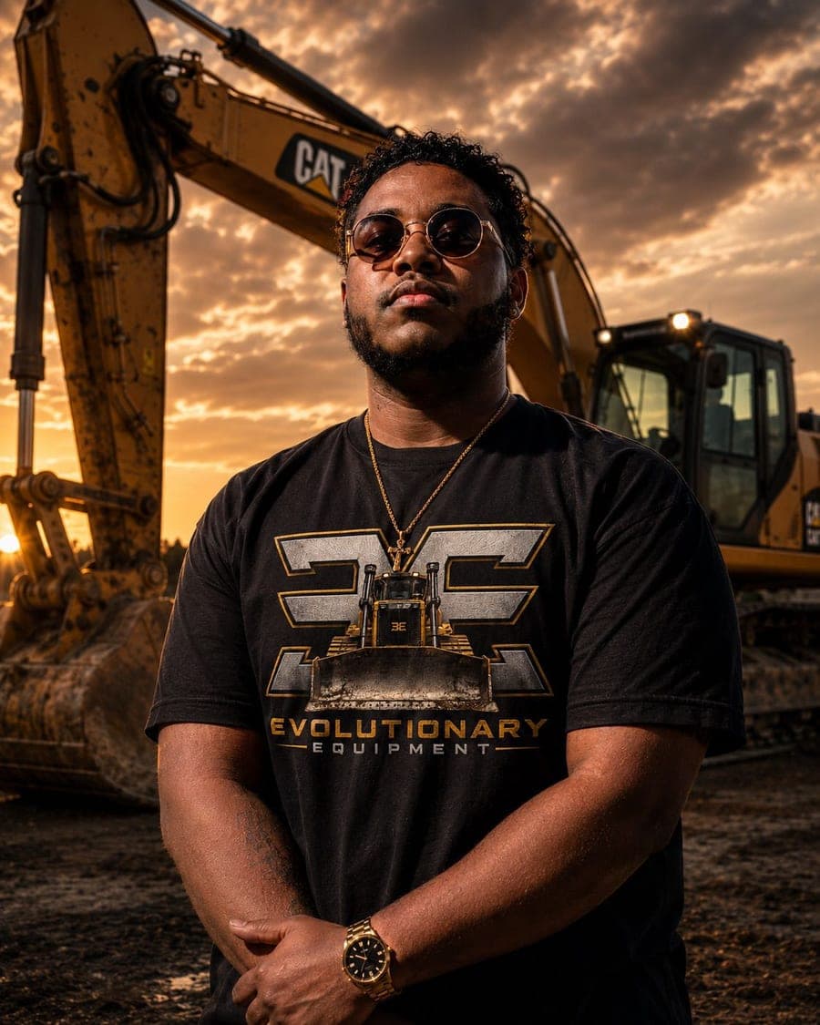 BK, owner of Evolutionary Equipment, standing in front of an excavator